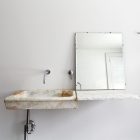 Sink On Wall Classic Sink On The White Wall Inside Floating Farmhouse With Unique Mirror And The Glossy Faucet Apartments Bewitching Modern Farmhouse With White Color And Rustic Appearance