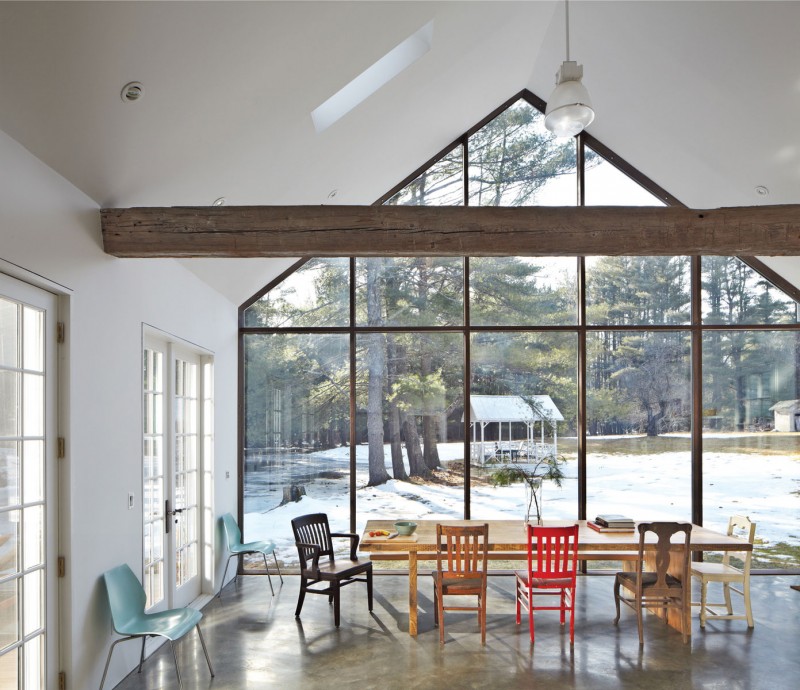 Chairs In Farmhouse Colorful Chairs In The Floating Farmhouse Dining Room With Long Wooden Table And Long Wooden Bench Apartments  Bewitching Modern Farmhouse With White Color And Rustic Appearance