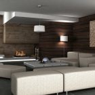 Brown Wooden Living Comfortable Brown Wooden Interiors In Living Room Space With Beige Sofa Furniture And Modern Fireplace And Wooden Wall Ideas Dream Homes Stylish Grey Interior Design With Chic And Beautiful Colorful Paintings