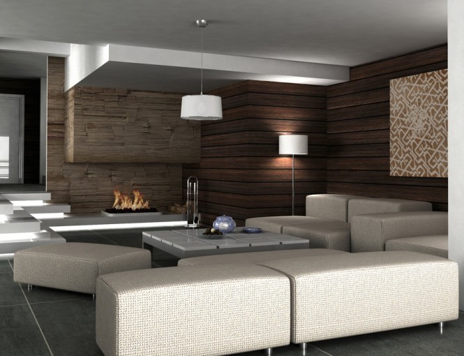 Brown Wooden Living Comfortable Brown Wooden Interiors In Living Room Space With Beige Sofa Furniture And Modern Fireplace And Wooden Wall Ideas Dream Homes  Stylish Grey Interior Design With Chic And Beautiful Colorful Paintings