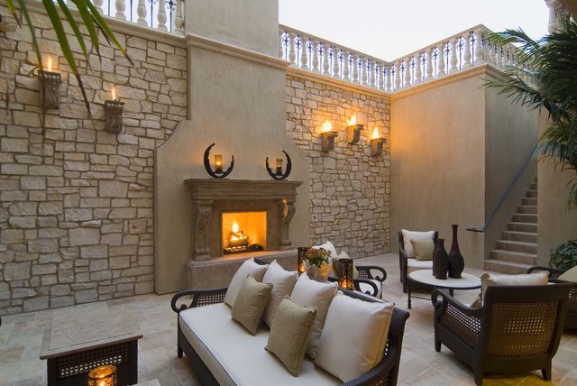 Mediterranean Patio With Comfortable Mediterranean Patio Design Interior With Outdoor Stone Fireplace Design And Traditional Furniture Ideas Fireplace Classic Yet Contemporary Stone Fireplace For Wonderful Family Rooms