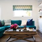 Blue Small With Contemporary Blue Small Sectional Sofas With Pillows Combined With Distressed Coffee Table With Large Tray Decoration Small Sectional Sofas With Square Coffee Tables For Looking Stylish