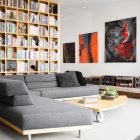 Home Living With Contemporary Home Living Room Decorated With Paintings And Floor To Ceiling Bookcase And Grey Sectional Sleeper Sofa Decoration Savvy Sectional Sleeper Sofa As Cozy Interior Furniture Sets