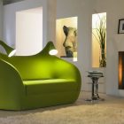 Futuristic Living Green Cool Futuristic Living Room With Green Lime Colored Convertible Sofa And White Fur Carpet With White Colored Concrete Pillar Decoration Comfortable And Contemporary Convertible Sofa In Soft Color Schemes