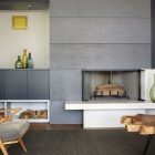 Grey Painted Home Cool Grey Painted Kettle Hole Home Family Room Idea With Rustic Reclaimed Coffee Table Fireplace And Firewood Storage Dream Homes Cantilevered Contemporary Home With Captivating Living Room Spaces
