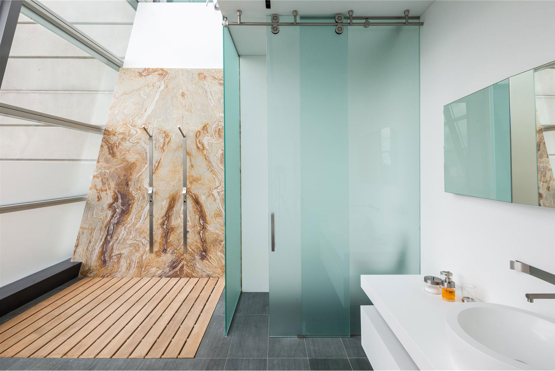 Marble Wall Shower Cool Marble Wall Stainless Steel Shower Wood Floor Frosted Glass Wall In Shower Cabin Whitewashing Stand Rectangular Mirror Architecture Stunning Steel And Glass Structure Reflected In 497 Greenwich Street Penthouse
