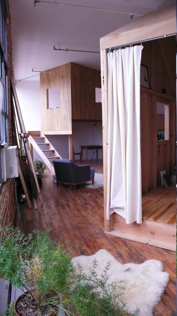 Cabin Loft Interior Cozy Cabin Loft In Brooklyn Interior With Wood Abundance Covering The Wooden Room For Closet And Bedroom Decoration Unique Tiny Cabin With Minimalist Staircase That Maximize Space