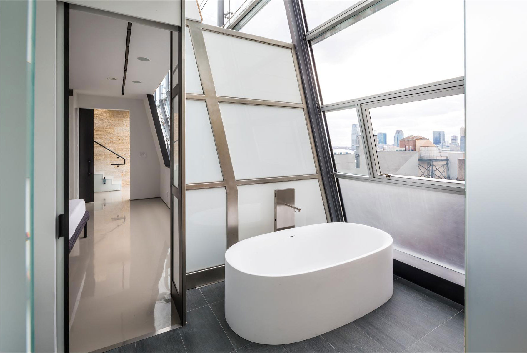 Architectural Greenwich White Creative Architectural Greenwich Street Project White Porcelain Bathtub Frosted Glass Wall Rustic Brick Wall Laminate Flooring Architecture Stunning Steel And Glass Structure Reflected In 497 Greenwich Street Penthouse