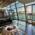 Leather Sofa Table Dark Leather Sofa Futuristic Coffee Table Wood Staircase With Metallic Frame Glass Door Greenwich Street Project Architecture Stunning Steel And Glass Structure Reflected In 497 Greenwich Street Penthouse