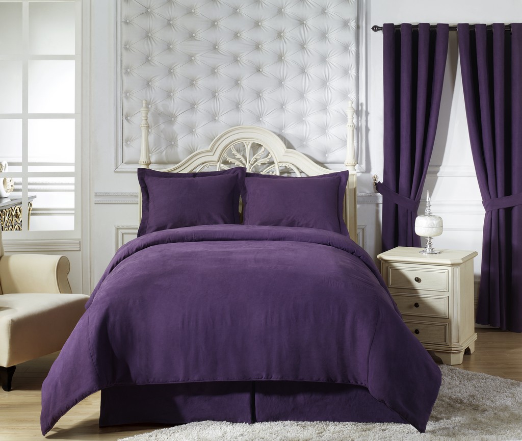 Purple Duvet Classic Eclectic Purple Duvet Cover On Classic White Poster Bed Vintage White Bedside Table Cushy Sofa Warm Fur Rug On Wood Floor Bedroom Comfortable Purple Duvet Covers For Your Beautiful Bedroom Sets