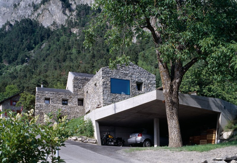 Chamoson House Architecture Fantastic Chamoson House In Traditional Architecture With Rustic Stone Wall Shady Greenery Long Concrete Driveway Square Glass Window Dream Homes Unusual Contemporary Rural House With Rough Stone Wall Structure