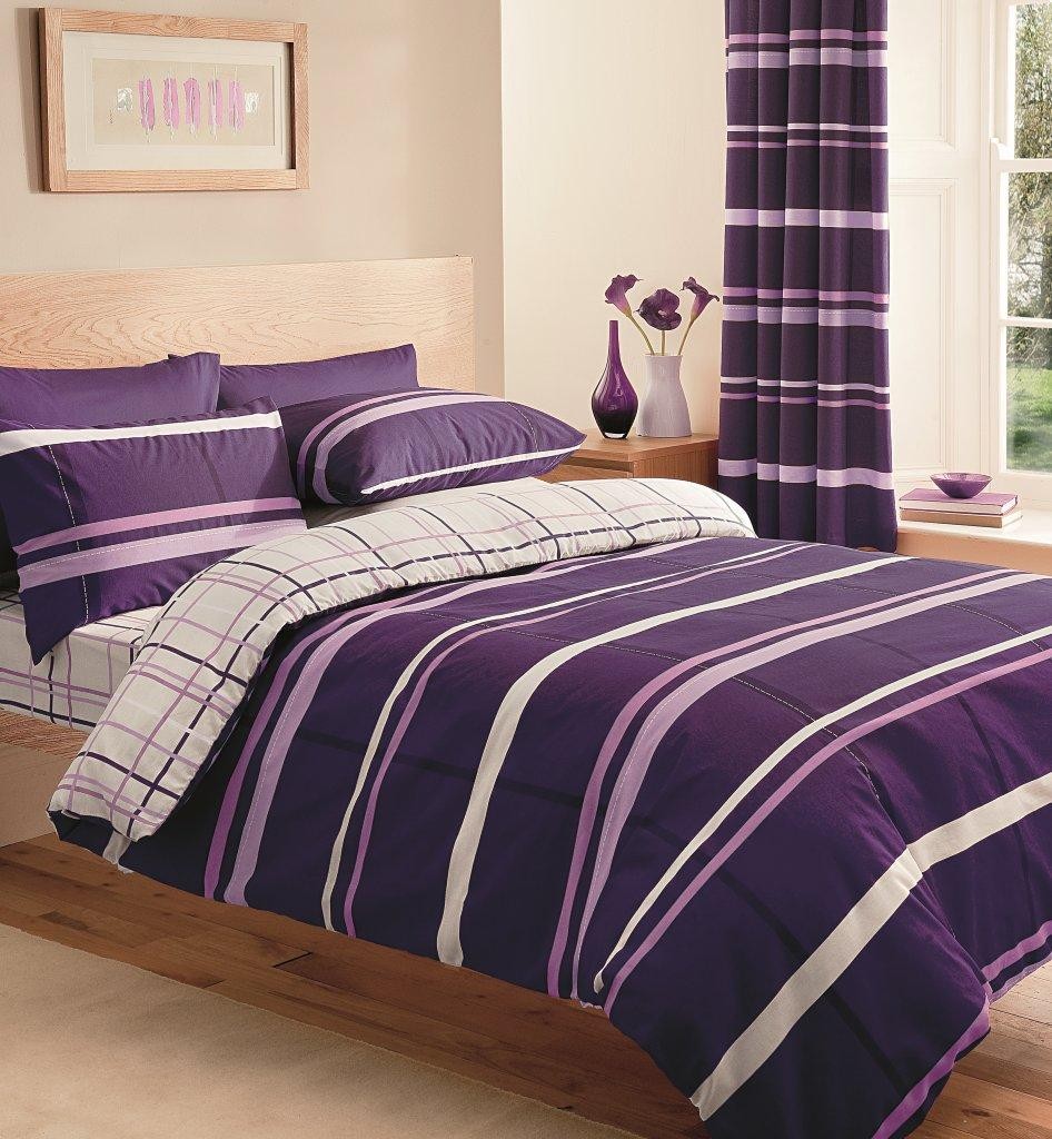 Striped Purple On Fantastic Striped Purple Duvet Cover On Modern Floating Wood Bed Divan Iconic Fake Flower In Glass Vase Striped Curtain Bedroom Comfortable Purple Duvet Covers For Your Beautiful Bedroom Sets