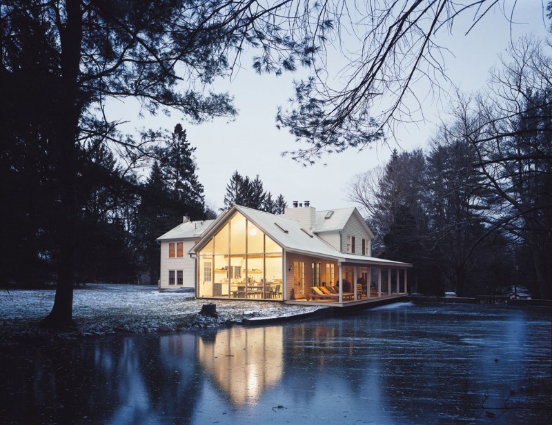 Architecture Of Farmhouse Fascinating Architecture Of The Floating Farmhouse With Long Wooden Terrace And Wide Glass Walls Near The Water Apartments  Bewitching Modern Farmhouse With White Color And Rustic Appearance