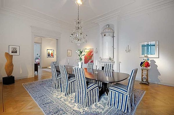 Dining Room Chairs Fascinating Dining Room With Striped Chairs And Glossy Desk Involved Crystal Pendant Inside Traditional Swedish Apartment Apartments Vintage Swedish Home Decorated With Contemporary Scandinavian Touch Of Traditional Style