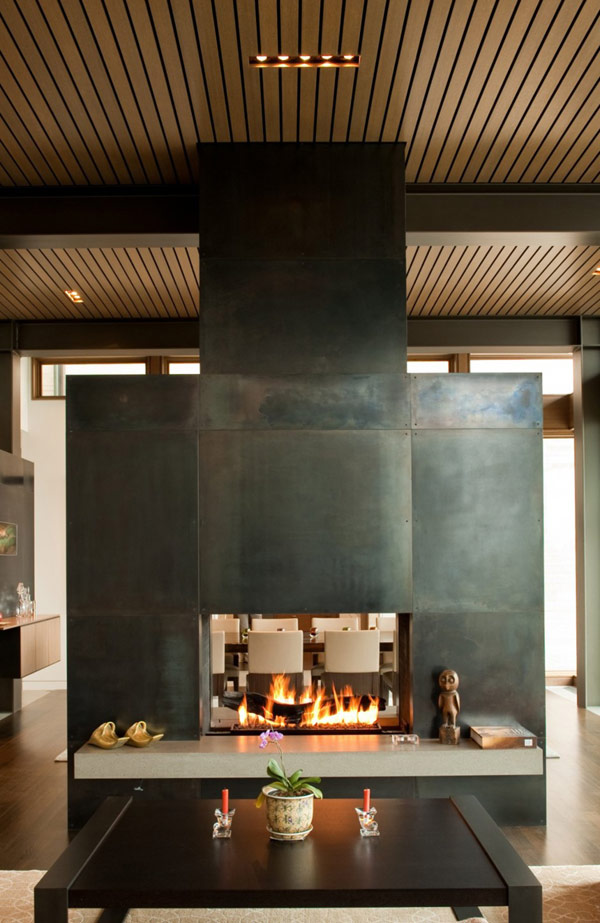 Fireplace In Hilltop Fascinating Fireplace In Washington Park Hilltop Residence With Dark Table And Wooden Ceiling Above Hardwood Floor Dream Homes Amazing Modern Home With Beautiful H-Shape Exterior Layout