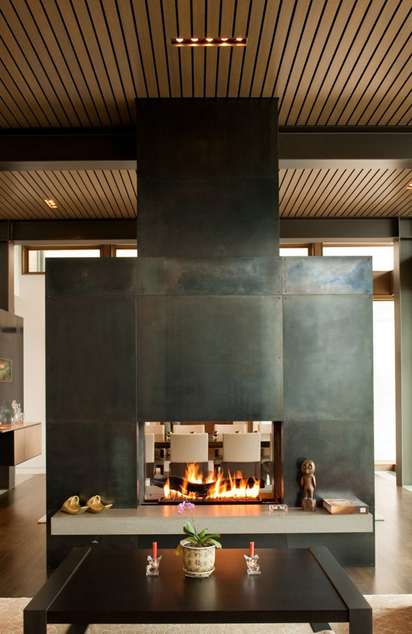 Fireplace In Hilltop Fascinating Fireplace In Washington Park Hilltop Residence With Dark Table And Wooden Ceiling Above Hardwood Floor Dream Homes  Amazing Modern Home With Beautiful H-Shape Exterior Layout