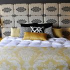 Tiled Headboard Painted Fascinating Tiled Headboard On Gray Painted Wall In Eclectic Bedroom Involved Yellow Duvet Cover On White Tufted Bedding Bedroom Solid Yellow Duvet Cover For Bright Bedroom Designs