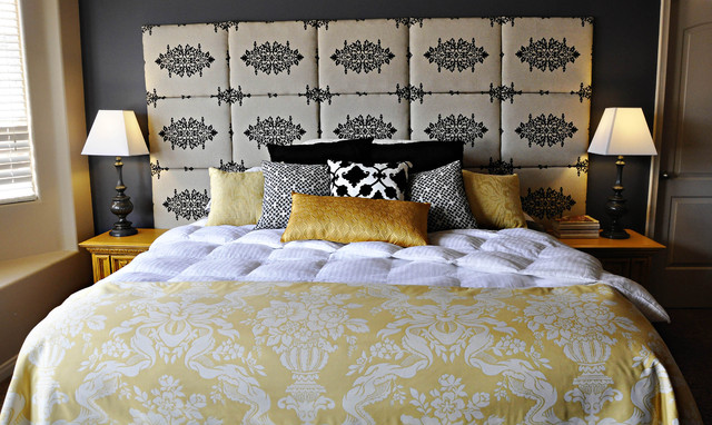 Tiled Headboard Painted Fascinating Tiled Headboard On Gray Painted Wall In Eclectic Bedroom Involved Yellow Duvet Cover On White Tufted Bedding Bedroom Solid Yellow Duvet Cover For Bright Bedroom Designs