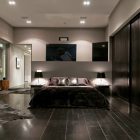 A Black Spacious Fascinating A Black Bed In Spacious Room On The Black Floors In Luxury Home In LA Architecture Luxurious And Modern Concrete Home With Long Swimming Pools