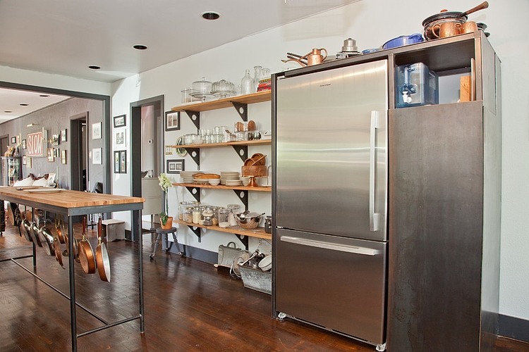 Stainless Steel Double Futuristic Stainless Steel Fridge With Double Door Placed Inside Eclectic Home Austin Texas Kitchen With Pantry Dream Homes  Beautiful And Eclectic House Interior In Unique Vintage Decorations