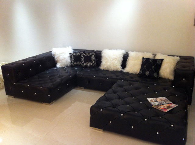 Dark Contemporary Tufted Glamorous Dark Contemporary Sofa With Tufted Surface Soft Fur White Cushions Nice Light Sleek White Laminate Flooring Decoration Elegant Contemporary Sofa With Comfortable And Casual Sitting Rooms