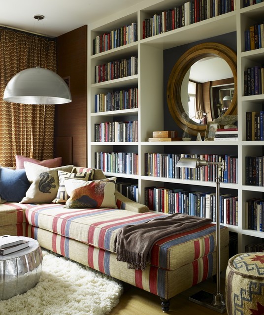 Cream Themed Furnished Gorgeous Cream Themed Home Library Furnished With Floor To Ceiling Bookcase And Striped Sofa Bed With Pillows Decoration  Impressive Sofa Beds As Elegant Furniture For Your Interior Accents