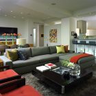 Grey Large Coupled Gorgeous Grey Large Sectional Sofas Coupled With Glossy Black Coffee Table And Red Chairs With Wooden Armrest Decoration Swanky Large Sectional Sofas For Spacious Living Rooms