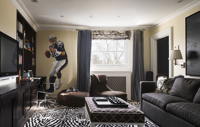 Technical Tv Wall High Technical TV Setup Sporty Wall Art Dark Bookcase Leopard Carpet Contemporary Sofa Antique Wall Lights Round Ottoman Lounge Chair Decoration  Elegant Contemporary Sofa With Comfortable And Casual Sitting Rooms