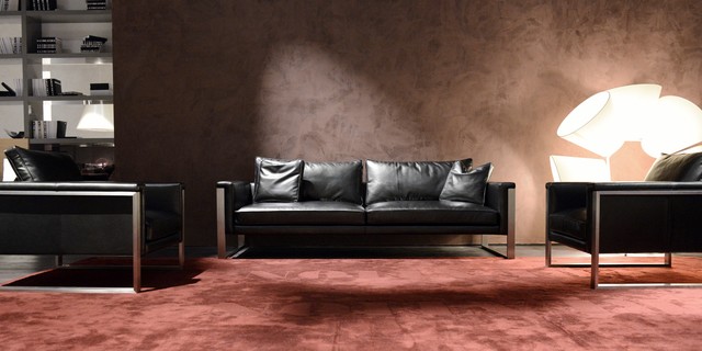 Dark Leather Unusual Iconic Dark Leather Contemporary Sofa Unusual Floor Lamps Red Rug Modern Minimalist Bookcase Elegant Brown Wallpaper Decoration Elegant Contemporary Sofa With Comfortable And Casual Sitting Rooms