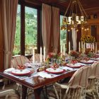 Christmas Dinner With Imposing Christmas Dinner Table Decorations With Glamorous Chandelier And White Side Chairs In Striped Cover Old Wood Cabinet Dining Room Easy Christmas Dinner Table Decorations With Luxurious Colors Combinations