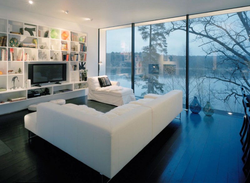 Large Casa Bookcase Impressive Large Casa Barone White Bookcase Minimalist TV And Entertaining Device In Family Room Dark Floor Cushy White Sectional Sofa Dream Homes Elegant Lakeside House Surrounded With Fresh Nature Landscape