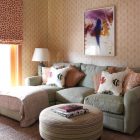 Cream Themed Idea Incredible Cream Themed Family Room Idea With Wallpaper And Grey Small Sectional Sofas Displaying Pillows Decoration Small Sectional Sofas With Square Coffee Tables For Looking Stylish
