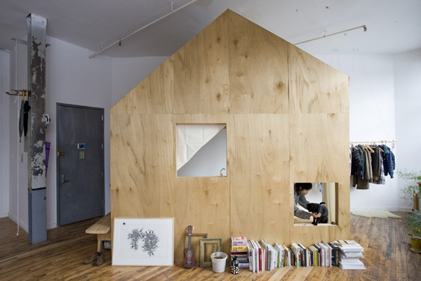 Look Of In Industrial Look Of Cabin Loft In Brooklyn Interior Displaying Wooden Home Divider With Collectible Books On Floor Decoration  Unique Tiny Cabin With Minimalist Staircase That Maximize Space