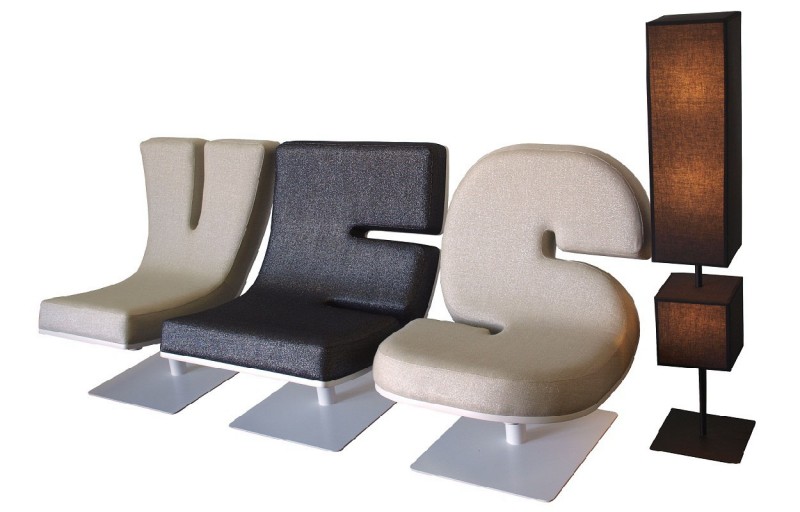 Yes Alphabetic Colored Inspiring YES Alphabetic Chairs Collection Colored In Cream And Grey With Unique Punctuation In Typographic Tabisso Decoration Unique Chairs Furniture Designs To Spice Up Your Home