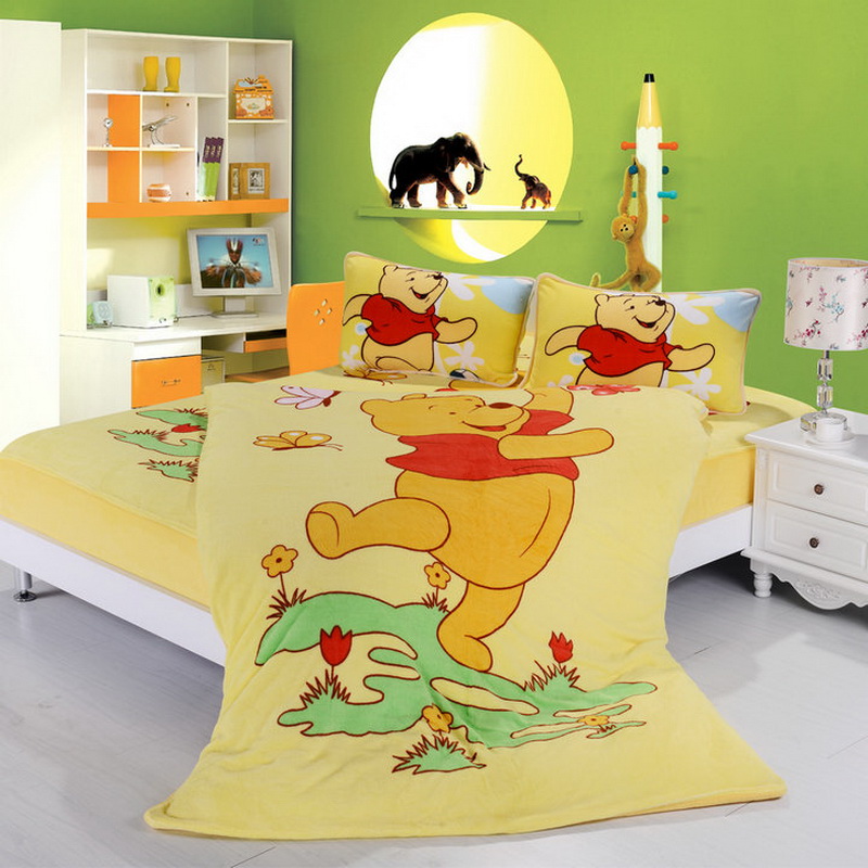 Winnie The Duvet Interesting Winnie The Pooh Yellow Duvet Cover On White Bed With White Wooden Nightstand On Green Painted Wall Bedroom Solid Yellow Duvet Cover For Bright Bedroom Designs