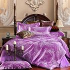 Silky Purple On Luxurious Silky Purple Duvet Cover On Dark Bed With Gold Pillows Artistic Relief Small Wood Bedside Tables Warm Wood Floor Bedroom Comfortable Purple Duvet Covers For Your Beautiful Bedroom Sets
