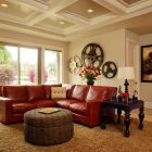 Red Sectional Patterned Marvelous Red Sectional Sofa Involving Patterned Round Ottoman Functions As Coffee Table With Gear On The Wall Decoration Gorgeous Red Sectional Sofas For A Stylish Modern Interiors