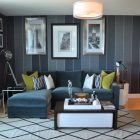 Apartment Living Decorated Masculine Apartment Living Room Idea Decorated With Striped Wallpaper To Match Grey Velvet Small Sectional Sofa Furniture 17 Small Sectional Leather Sofas For Chic Homes With Modern Personality