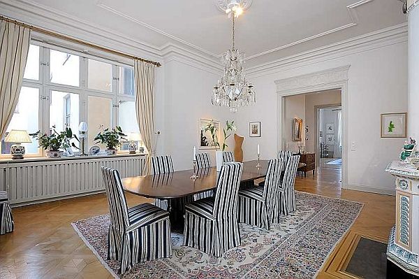 Traditional Swedish Wooden Mesmerizing Traditional Swedish Apartment Displaying Wooden Dining Table With Striped Chairs And Crystal Chandelier On White Ceiling Apartments Vintage Swedish Home Decorated With Contemporary Scandinavian Touch Of Traditional Style