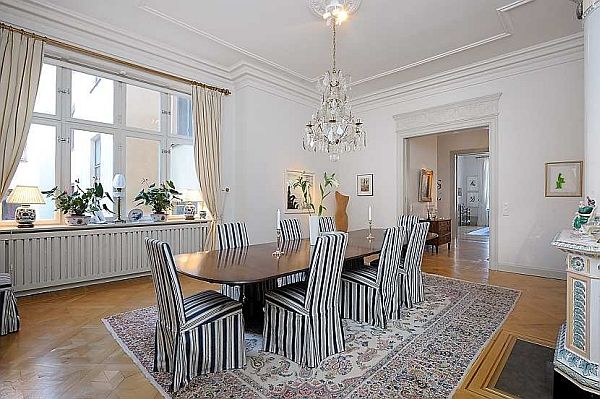 Traditional Swedish Wooden Mesmerizing Traditional Swedish Apartment Displaying Wooden Dining Table With Striped Chairs And Crystal Chandelier On White Ceiling Apartments  Vintage Swedish Home Decorated With Contemporary Scandinavian Touch Of Traditional Style