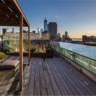 Architectural Greenwich Rustic Modern Architectural Greenwich Street Project Rustic Wood Floor Appealing Padded Bench And Round Wood Stools Ornamental Plants Wood Canopy Architecture Stunning Steel And Glass Structure Reflected In 497 Greenwich Street Penthouse