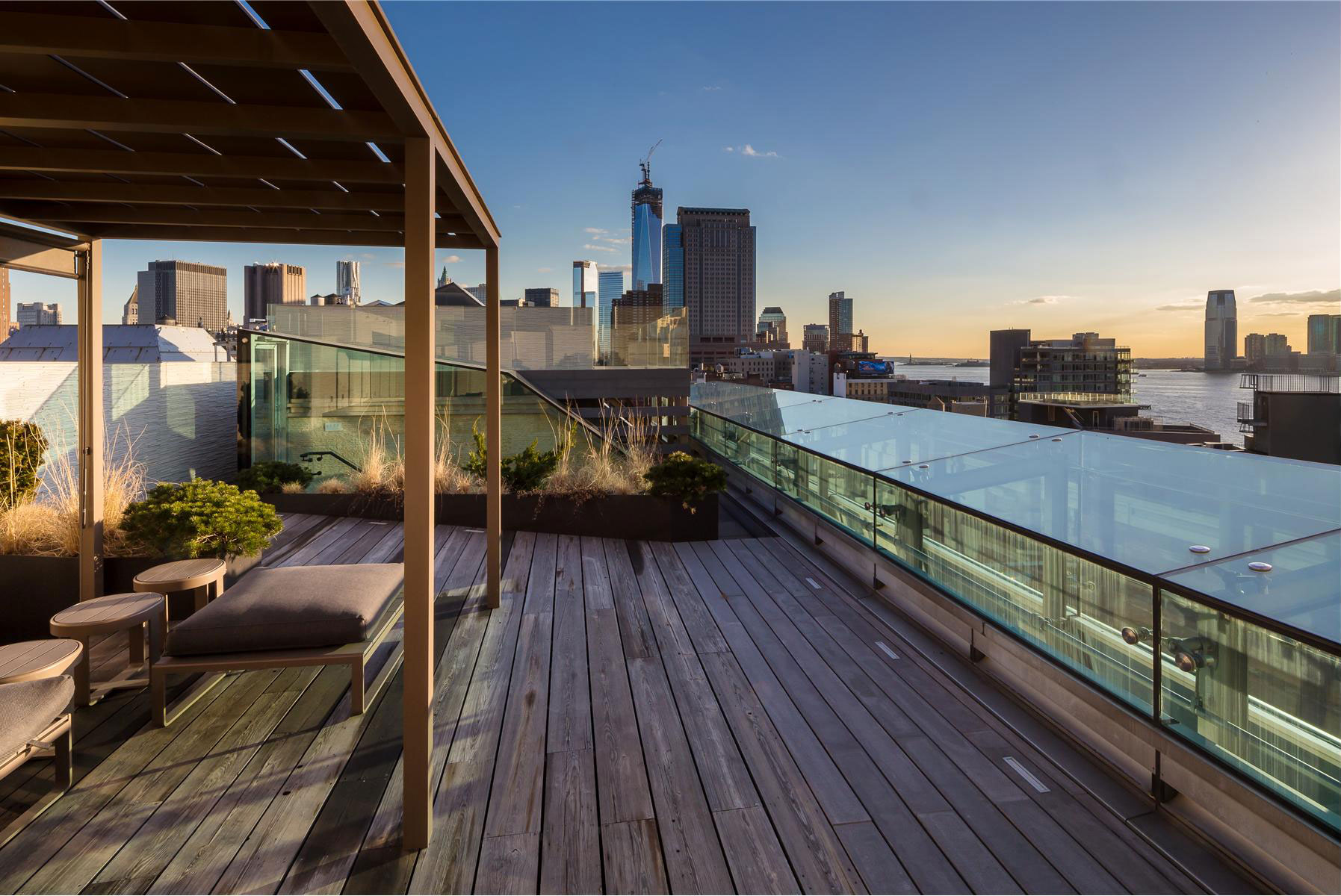 Architectural Greenwich Rustic Modern Architectural Greenwich Street Project Rustic Wood Floor Appealing Padded Bench And Round Wood Stools Ornamental Plants Wood Canopy Architecture  Stunning Steel And Glass Structure Reflected In 497 Greenwich Street Penthouse