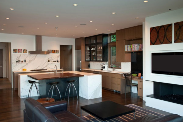 Kitchen In Hilltop Modern Kitchen In Washington Park Hilltop Residence With Wide Island And Black Stools Near Wooden Drawers Dream Homes  Amazing Modern Home With Beautiful H-Shape Exterior Layout