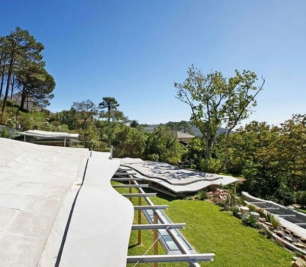 Green Trees Grass Natural Green Trees And Green Grass Yard Outside The Beautiful Home With Unique Grey Roof And Long Pergola Architecture Breathtaking Mountain House Blends In With Fresh Landscape Environment