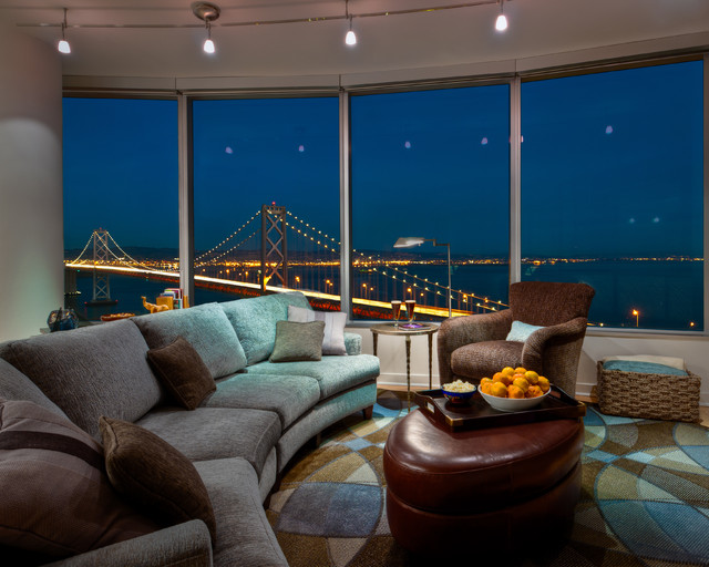 Bridge Night From Nice Bridge Night View Enjoyed From Living Room Furnished With Grey Curved Sectional Sofa And Brown Ottoman Decoration Comfortable Curved Sectional Sofas For Small Living Rooms