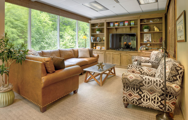 Living Room On Open Living Room Idea Located On Upper Floor Level With Brown Butter Leather Sectional Sofas And Patterned Chairs Decoration Glamorous Leather Sectional Sofas Display Classy Room Themes