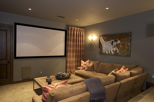 Rustic Media Interior Powerful Rustic Media Room Design Interior Decorated With Cream Sectional Sofa Furniture In Traditional Style Furniture Sophisticated And Modular Sectional Sofas For Amazing Living Rooms