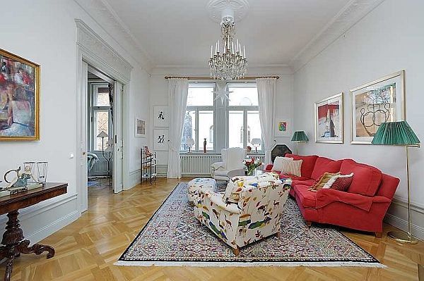 Crsytal Chandelier Living Prestigious Crystal Chandelier Hanging Above Living Room Of Traditional Swedish Apartment Involved Red L Shaped Sofa Apartments  Vintage Swedish Home Decorated With Contemporary Scandinavian Touch Of Traditional Style