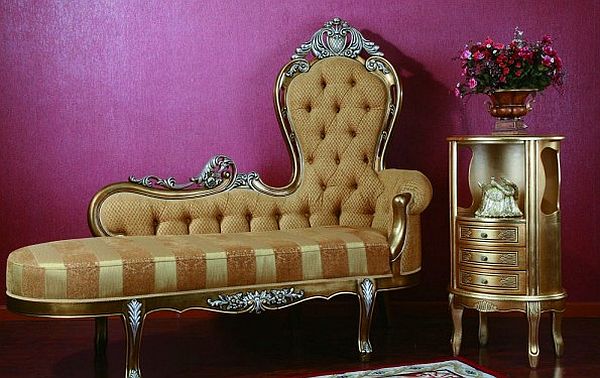 French Style Design Pretty French Style Chaise Lounge Design With Classic Decoration With Gold Color Style And Purple Wall Decor Furniture Casual And Comfortable Lounge Chairs For Your Home Furniture Appliances