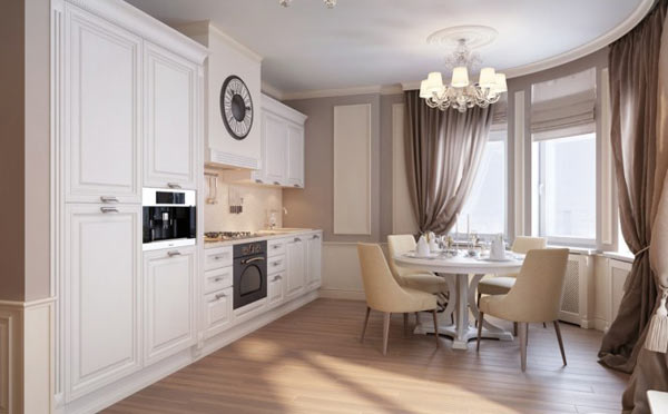 Russian Apartment Space Pretty Russian Apartment Design Dining Space Interior Used Open Kitchen Space With White Traditional Cabinet Furniture Decoration  Classy And Classic Interior Design In Neutral Color Decorations